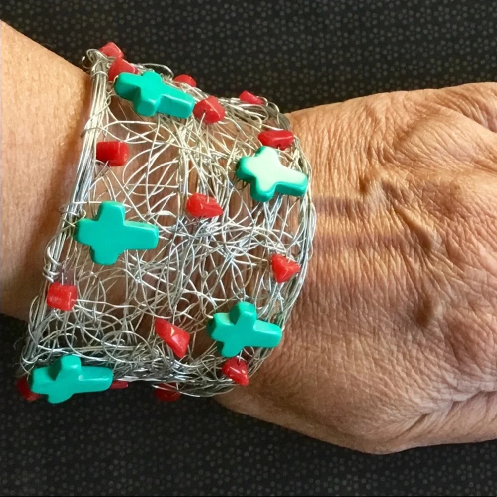 Turquoise & Red Agate Gemstone Free Form Cuff